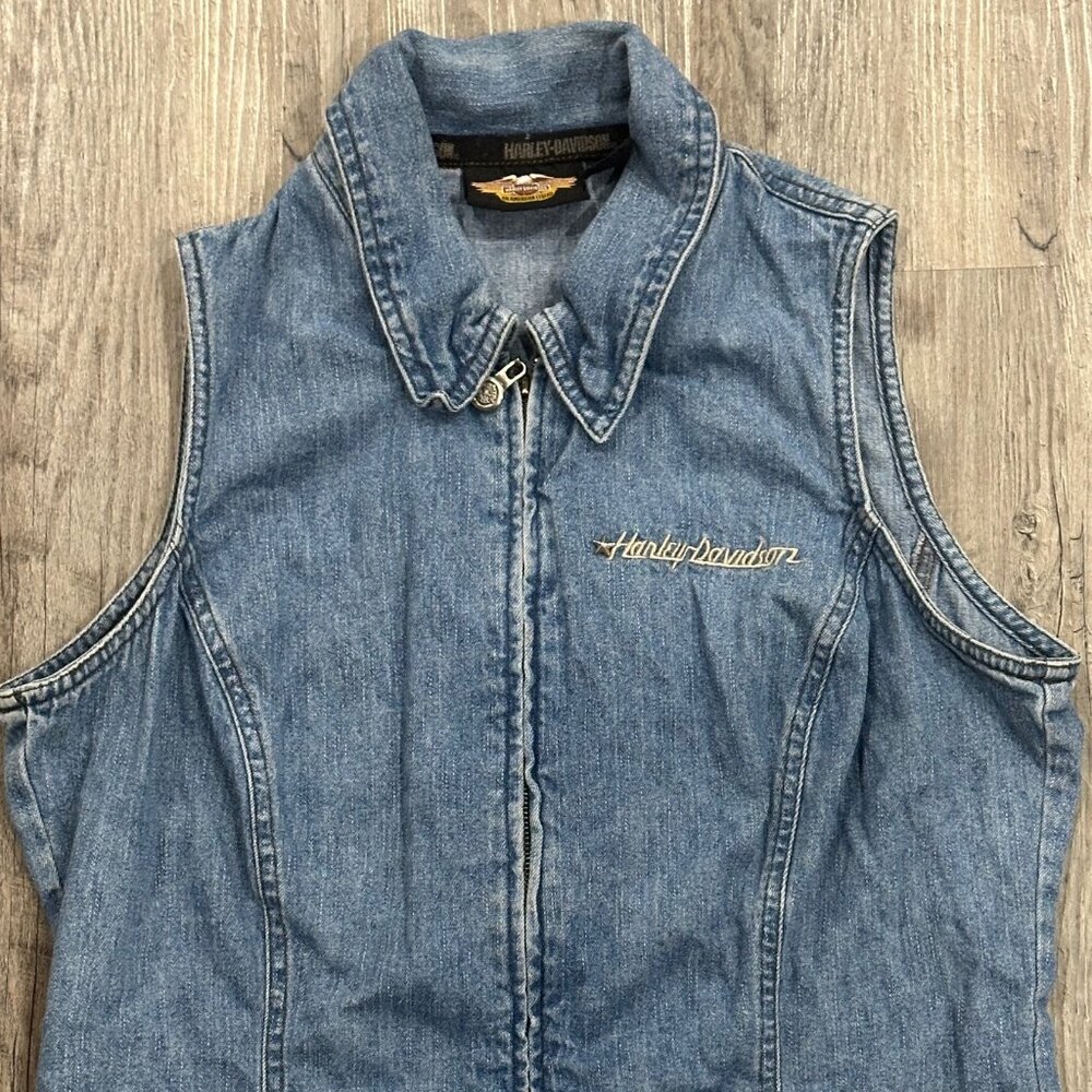 Harley Davidson Denim Vest Eagle Flag Embroidery Zip Up -  Womens Size Medium M